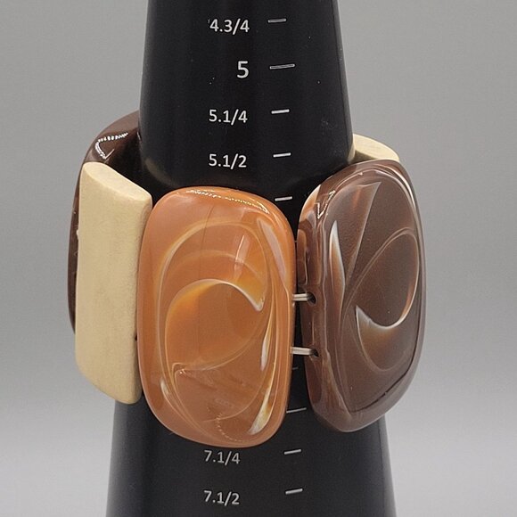 Chunky Brown Beige Stretch Bracelet With Large Oval Resin Marbled Beads - Picture 6 of 6